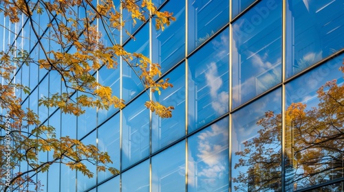 Wallpaper Mural Clear blue glass building reflecting autumn sky and yellow foliage. Torontodigital.ca