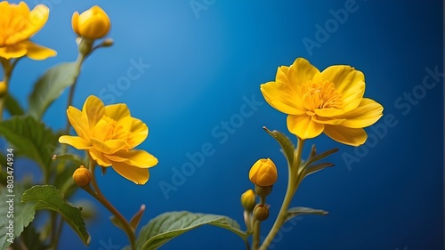 Close-up copy space of a bright yellow flower blooming against a blue background, capturing the simplicity and beauty of nature