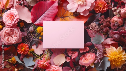 Pink Paper Surrounded by Flowers and Leaves