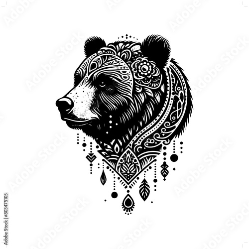 grizzly bear silhouette in bohemian, boho, nature illustration