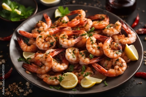'grilled shrimps plate dark background shrimp grill seafood prawn food bar-b-q epicure meal tiger snack dish roasted cookery delicious dinner healthy fried closeup tasty lunch black top eatery fish'