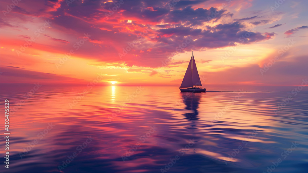 Fototapeta premium A lone sailboat drifting on a vast ocean at sunset, the sky a blazing mix of red, orange, and purple, reflecting on the water's surface