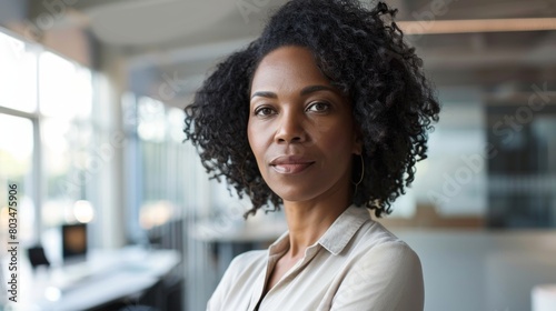 Professional African American woman standing confidently in a modern office setting.