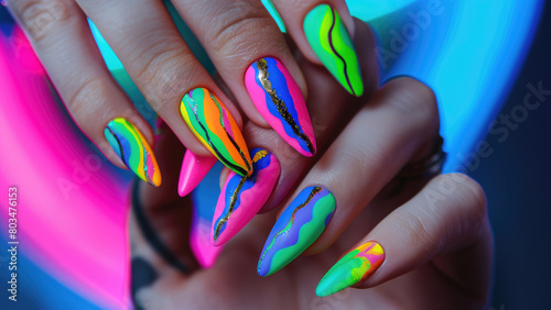 Vibrant Glow: A Dynamic Manicure Design Featuring Bright Neon Colors