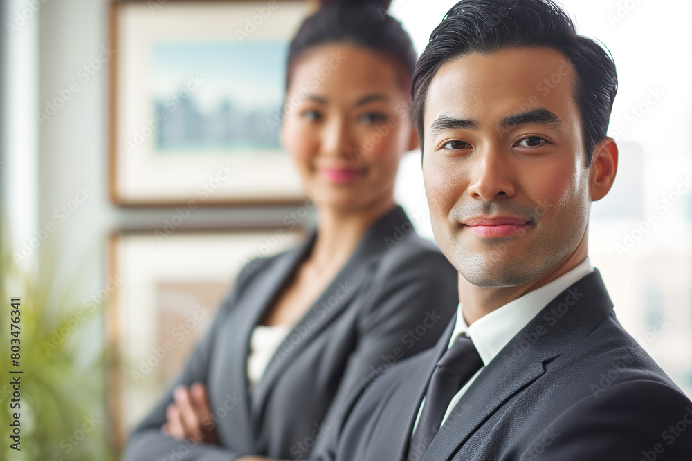 Smiling business man and woman of different races indoors Smiling business man and woman of different races indoors