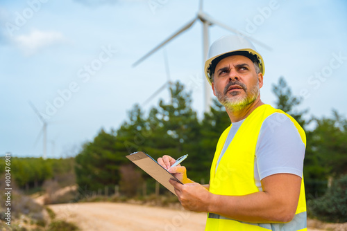Worker in protective clothes inspecting wind turbines