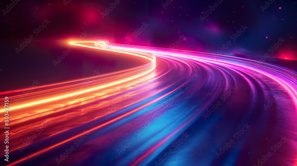 Bright and colorful illustration of light in long exposure. Light waves background in surreal simplified design.