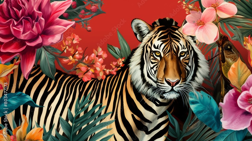 custom made wallpaper toronto digitalTiger Surrounded by Tropical Flowers and Foliage