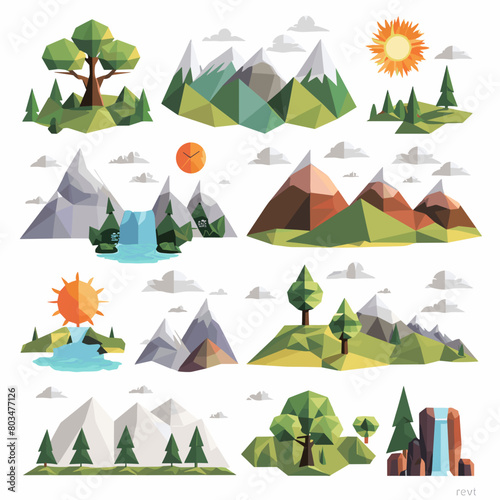 Polygonal landscape constructor icons set