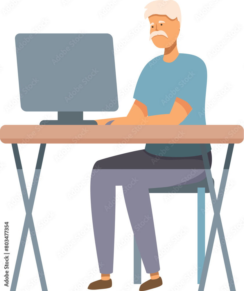 Senior man working at computer icon cartoon vector. Internet work. Male modern online Senior man working at computer icon cartoon vector. Internet work. Male modern online