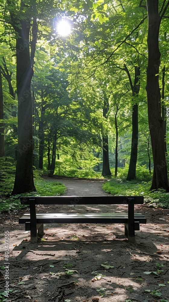 Secluded Wooden Bench in a Tranquil Forest Setting with Sunlight Streaming Through Trees Secluded Wooden Bench in a Tranquil Forest Setting with Sunlight Streaming Through Trees