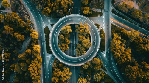 Top down aerial view of transportation highway overpass, ringway, roundabout