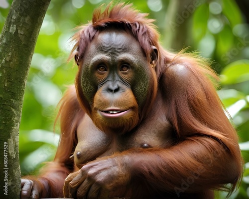 Bornean Orangutan: Their rare appearance and shrinking forests are causing them to become extinct., Endangered photo