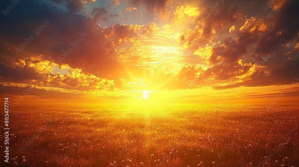 Dramatic Sunrise Over a Vast Field with Golden Light Piercing Through Clouds, Symbolizing New Beginnings