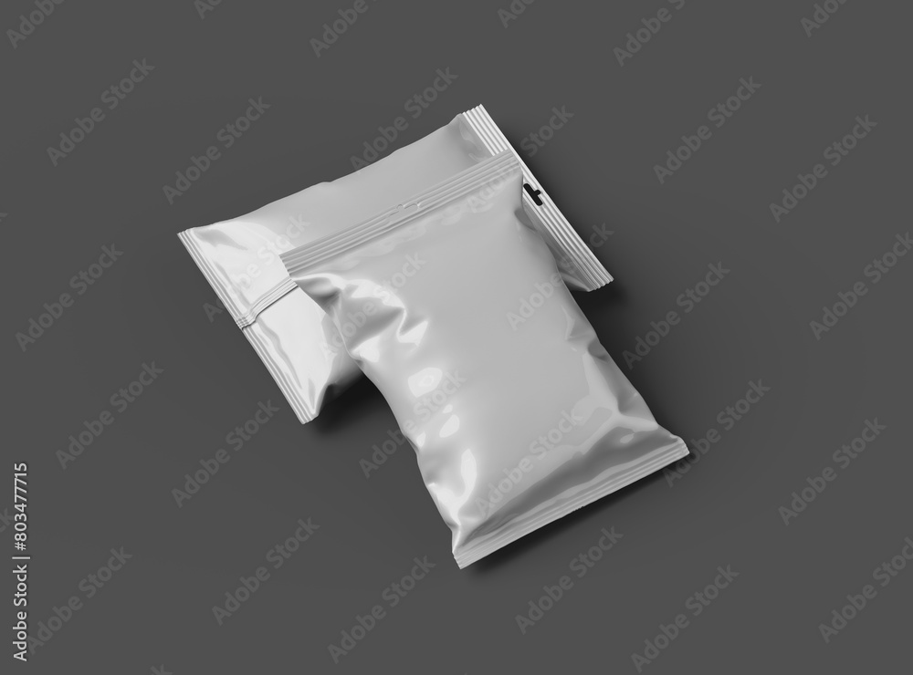 Realistic 3d rendered package for food snack, chips, cookies, peanuts, candy on a dark background Realistic 3d rendered package for food snack, chips, cookies, peanuts, candy on a dark background