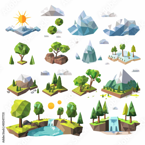 Polygonal landscape constructor icons set