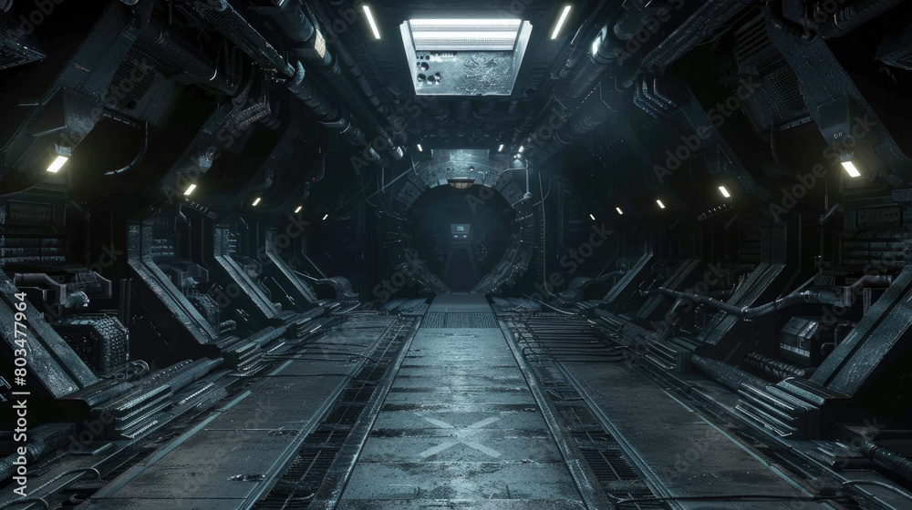 Fototapeta premium Spooky gloomy interior of alien spaceship or base, scary corridor inside dark extraterrestrial spacecraft, futuristic scene. Theme of future, space, scifi, movie.
