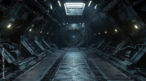 Spooky gloomy interior of alien spaceship or base, scary corridor inside dark extraterrestrial spacecraft, futuristic scene. Theme of future, space, scifi, movie.