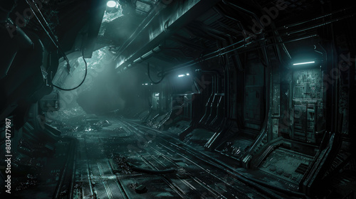 Scary dark interior of alien spaceship or base, spooky gloomy corridor inside extraterrestrial spacecraft, futuristic scene. Theme of future, space, scifi, horror, ship,