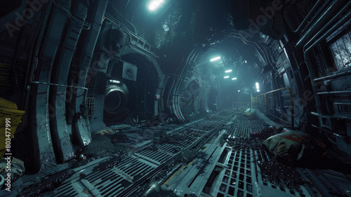 Creepy dark interior of alien space base or spaceship, scary gloomy corridor inside extraterrestrial spacecraft, futuristic scene. Theme of future, sci-fi, horror, movie
