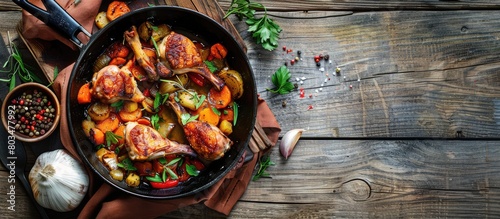 High-angle shot of cooked rabbit legs in a pan with cooked vegetables on a wooden table, accompanied by a garlic bulb and space for text.