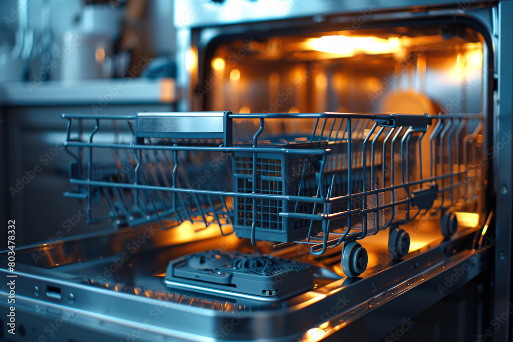 An empty dishwasher close-up An empty dishwasher close-up