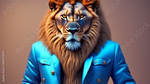 toy lion in blue jacket posing coolly photo