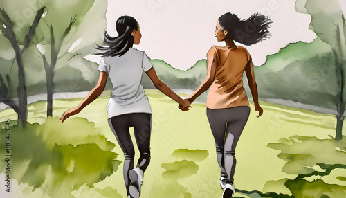 Two women holding hands in a park