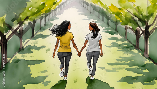 Two women holding hands in a park