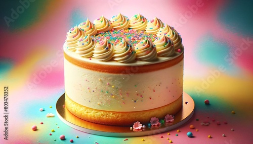 Illustration of a birthday cake with cream and sprinkles on colorful background.