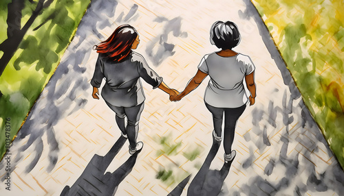 Two women holding hands in a park