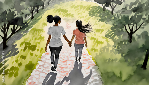 Two women holding hands in a park