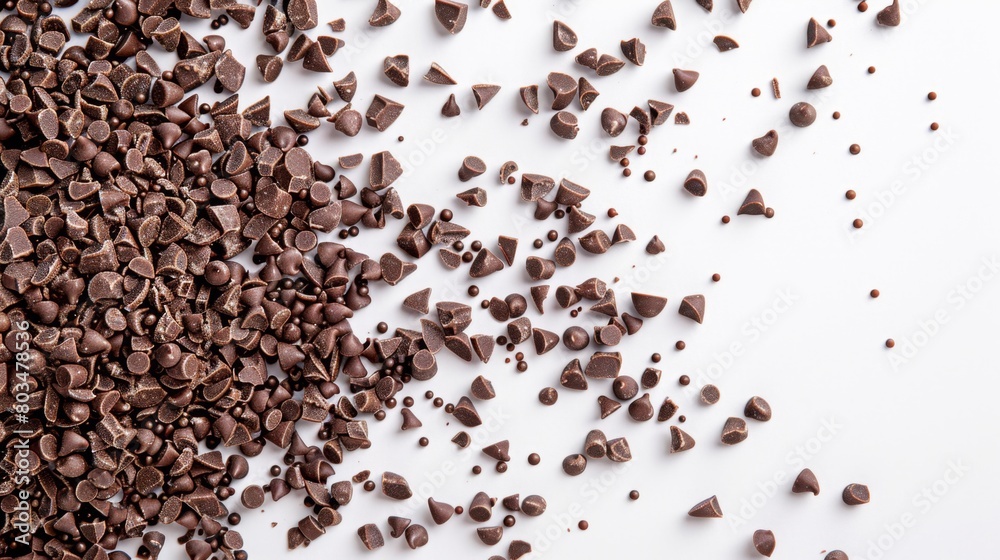 Variety of chocolate shavings and chips spread on a white surface Variety of chocolate shavings and chips spread on a white surface