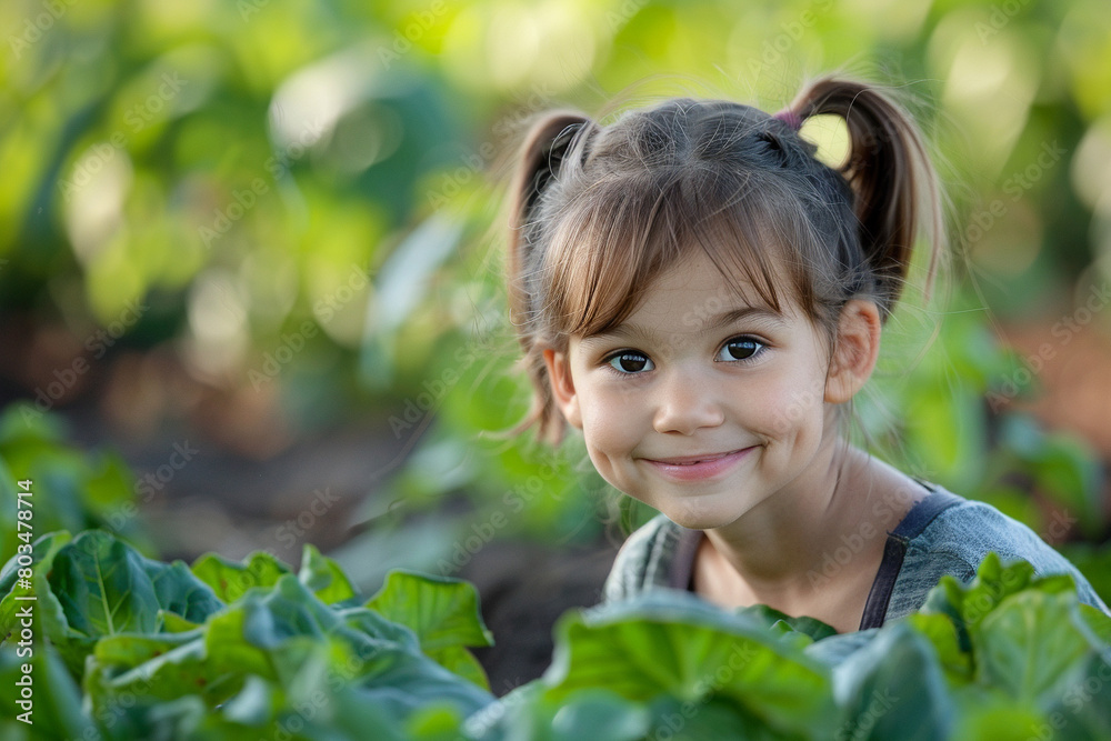 A Caucasian girl kid smiling in the middle of a vegetable garden. 