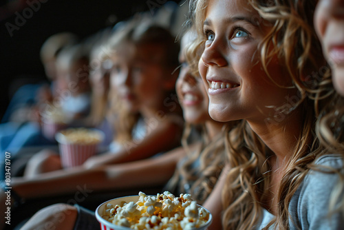 A group of children with popcorn at the cinema  a young blond girl is in focus smiling 