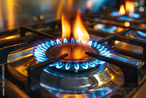 An open flame on a gas stove close-up