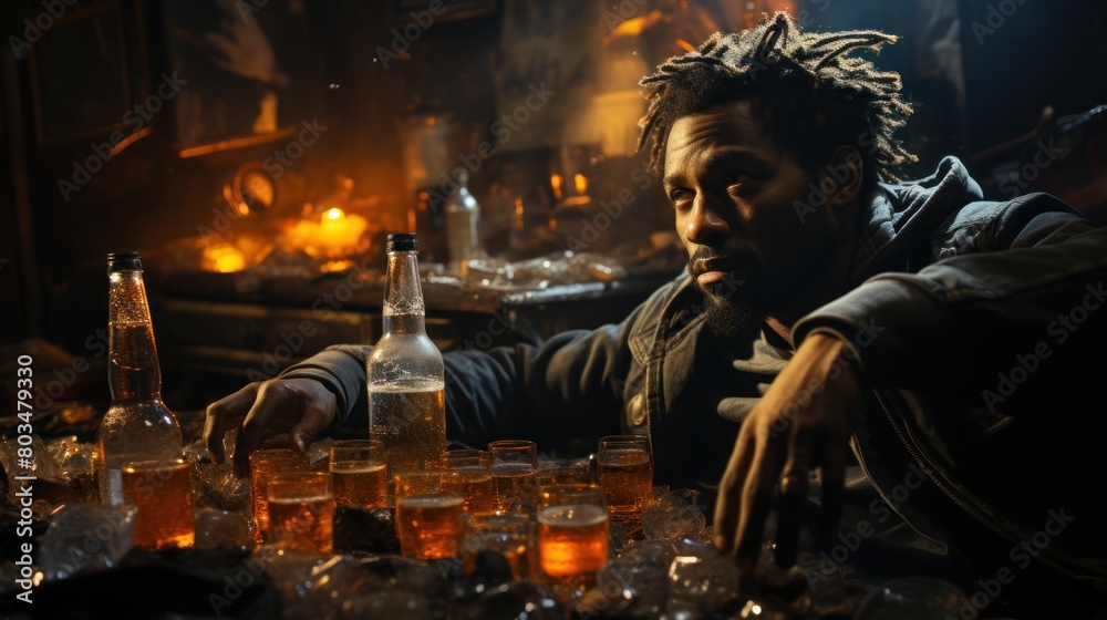 Thoughtful Man Sitting Among Alcohol Bottles in a Dimly Lit Messy Room