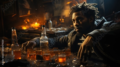 Wallpaper Mural Thoughtful Man Sitting Among Alcohol Bottles in a Dimly Lit Messy Room Torontodigital.ca