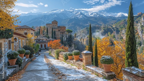 Autumn Beauty at Alhambra with Snow-Capped Sierra Nevada Mountains in the Background, Granada, Spain