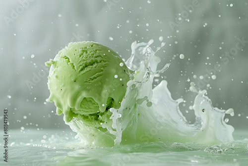 An isolated green ice cream ball suspended in mid-air, with a splash frozen in time, creating a compelling image. © Faisu