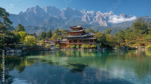 Traditional Chinese Architecture at Black Dragon Pool With Lush Landscape and Mountain Backdrop