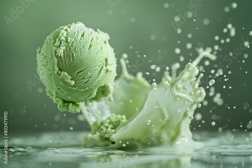 An isolated green ice cream ball suspended in the air, surrounded by a captivating splash frozen in time. © Faisu
