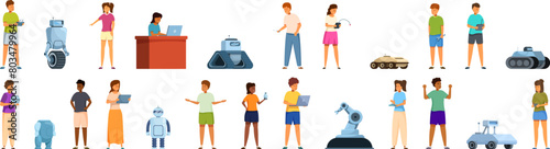 Kid robot class icons set cartoon vector. Engineering data. Device android