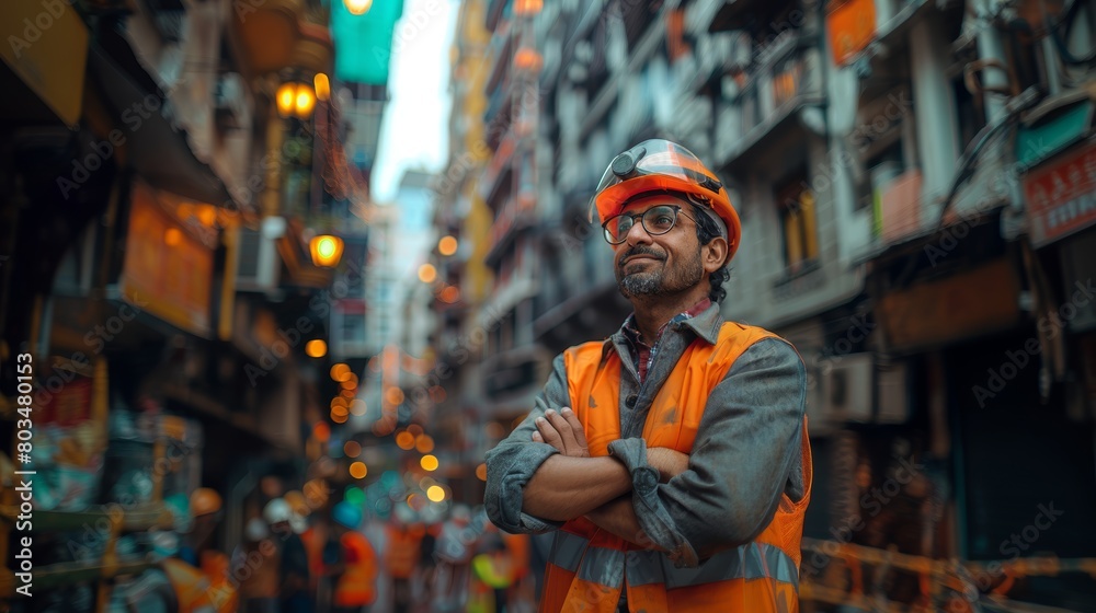 Indian Construction Site Manager in Urban Setting, Wearing Safety Gear and Reflective Vest