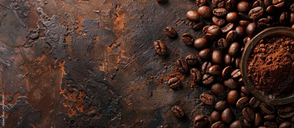 Coffee beans and powdered coffee on a stone surface. View from above with space for text. Coffee beans and powdered coffee on a stone surface. View from above with space for text.