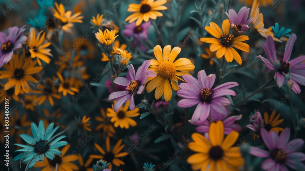 A vibrant array of daisies with blue and purple hues in a dark, moody setting.