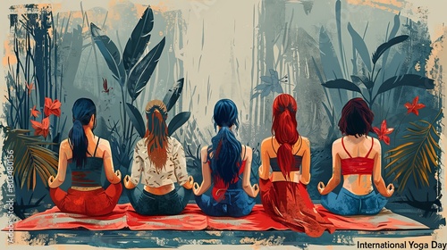 International Yoga Day Celebration: Five Women Practicing Meditation Outdoors