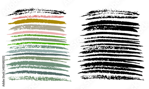 Thick and thin parallel uneven textured lines drawn with a semi-dry artistic brush. Black solid textured patch of horizontal lines. Vector illustration on white background.