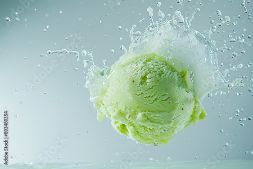 An isolated green ice cream ball suspended in mid-air, with a frozen splash that adds a sense of intrigue to the image. © Faisu