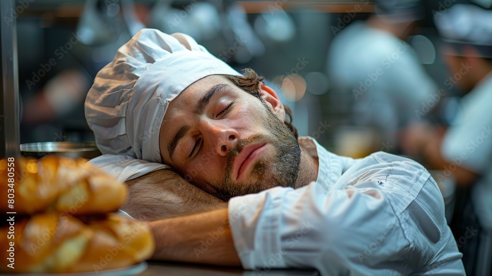 Exhausted Chef Asleep on Kitchen Counter Among Busy Staff and Freshly Baked Bread